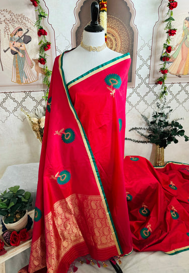 Banarasi Katan Silk Saree | Kadwa weave | Hot Pink | Gold Zari | Handwoven | Silk Mark Certified | Ships from California